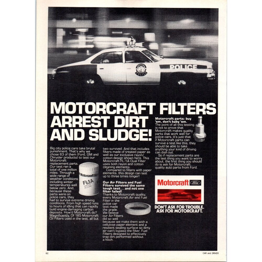 1979 Motorcraft Oil Filter Car Parts Vintage Print Ad Cop Police Car Wall Art
